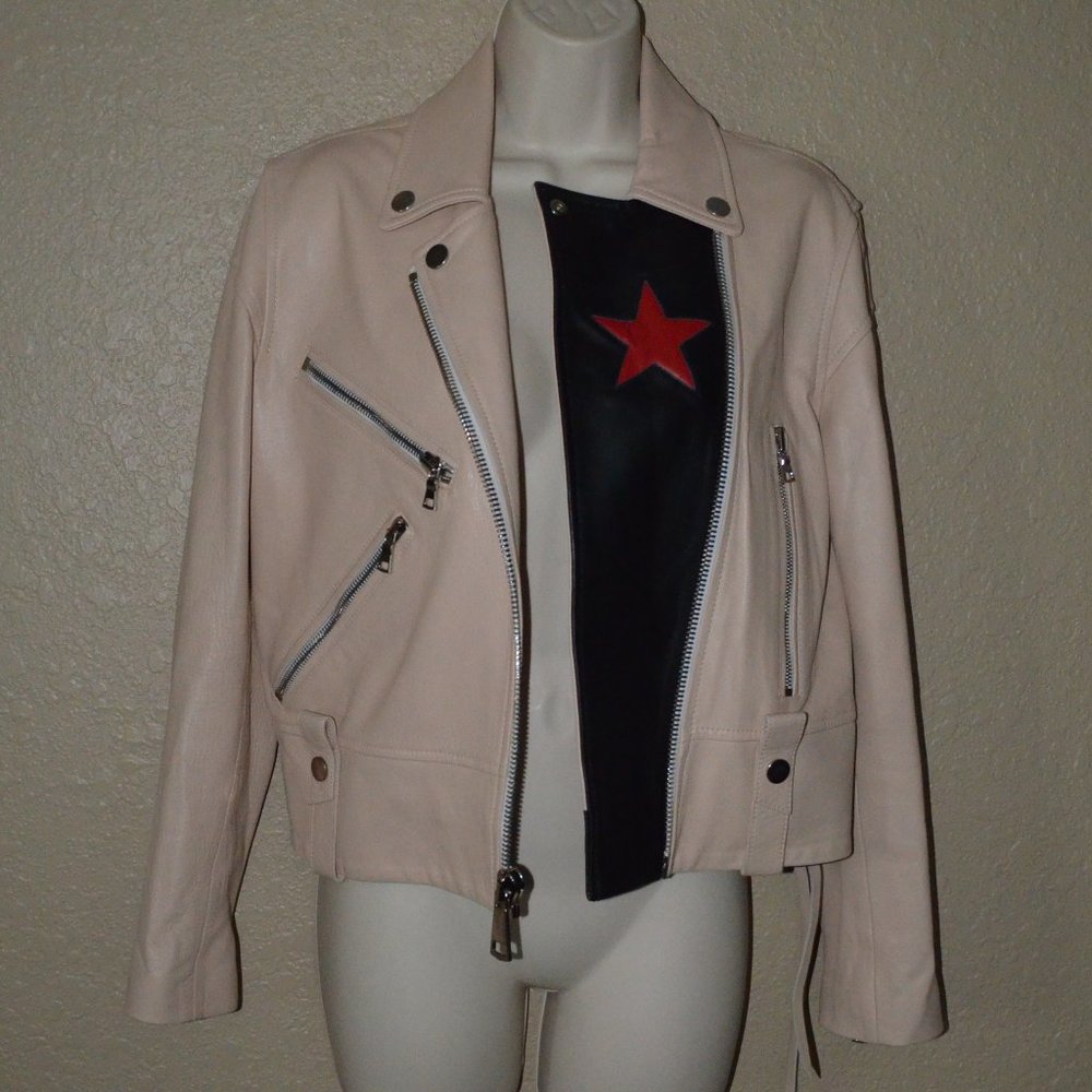 Amkie Pinkish beige Leather Moto Jacket with Star Lining